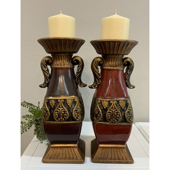 Vtg Ceramic Ornate Burgundy Red Black Gold Acanthus Leaf Pillar Candle Holders - Picture 1 of 8